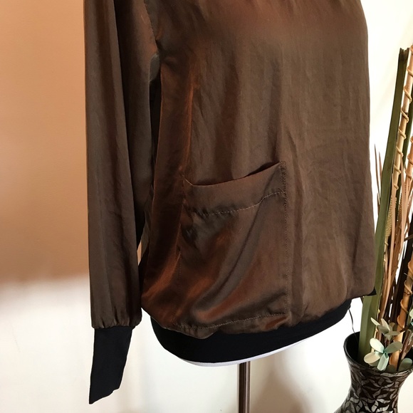Zara Basic Brown Banded Blouson Top w/Pocket Small - Picture 2 of 5